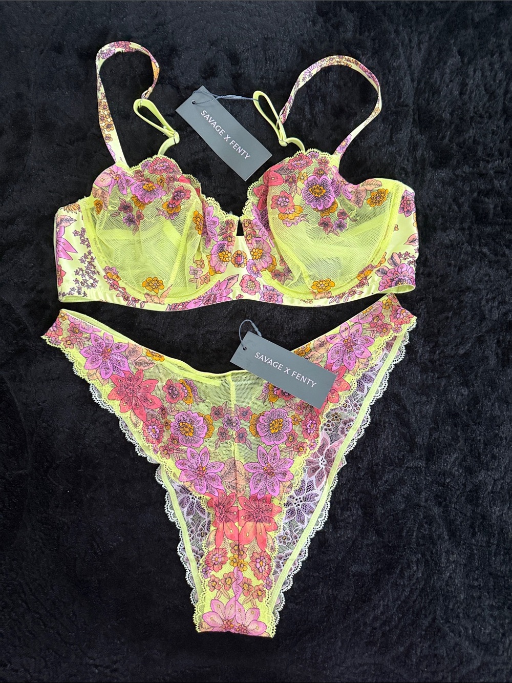 Savage X Fenty Neon Yellow & Pink Floral Lace Bra and Bikini Set